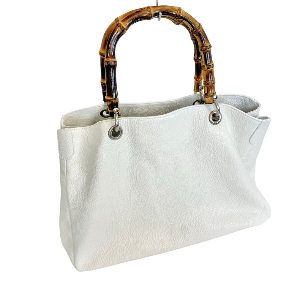 Mark and Graham Elisabetta Slouch Leather Tote Bag Bamboo Handle White Carryall